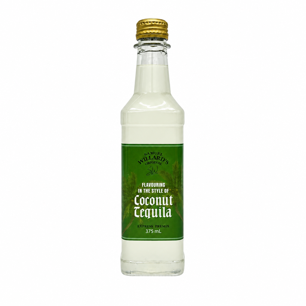 A 375 mL glass bottle of Willard's Premix 'Flavouring in the Style of Coconut Tequila' featuring a green label and a gold screw cap, set against a plain white background.